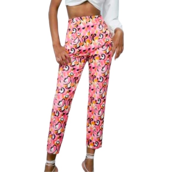 Zara Paisley and Floral 70s Style Dress Pants Pink, Orange, White Size Large - Picture 3 of 7